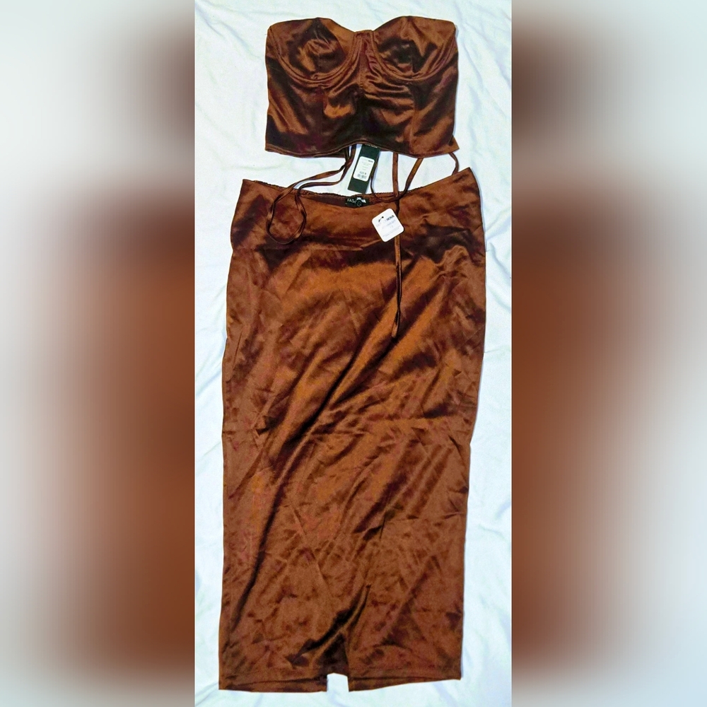 Fashion Nova Chocolate Satin Skirt Set - Picture 2 of 3